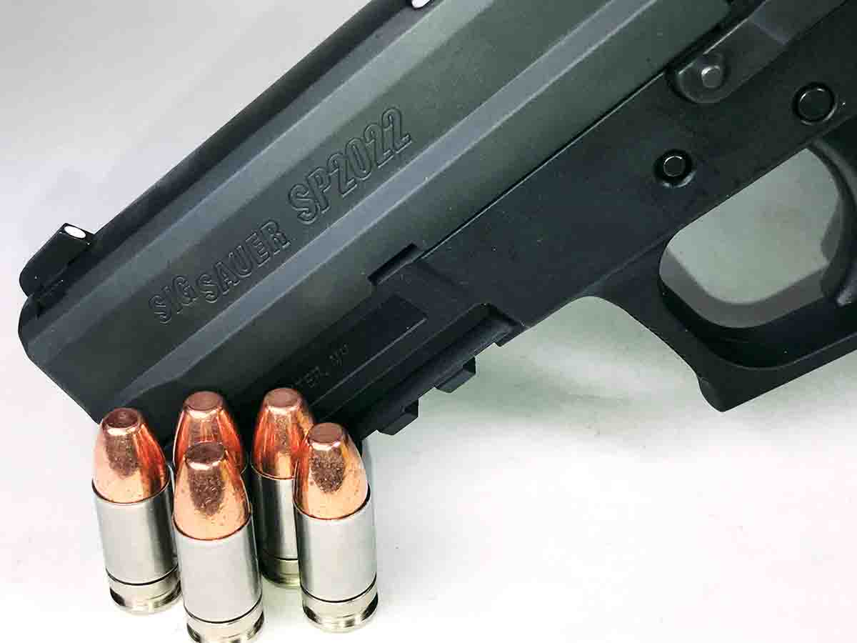 A SIG Sauer SP2022 9mm Luger was used to shoot various loads with Shell Shock cases.